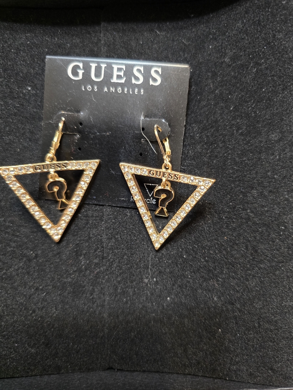 GUESS Gold and Crystal Triangle Drop Earrings with Question-Mark Charm